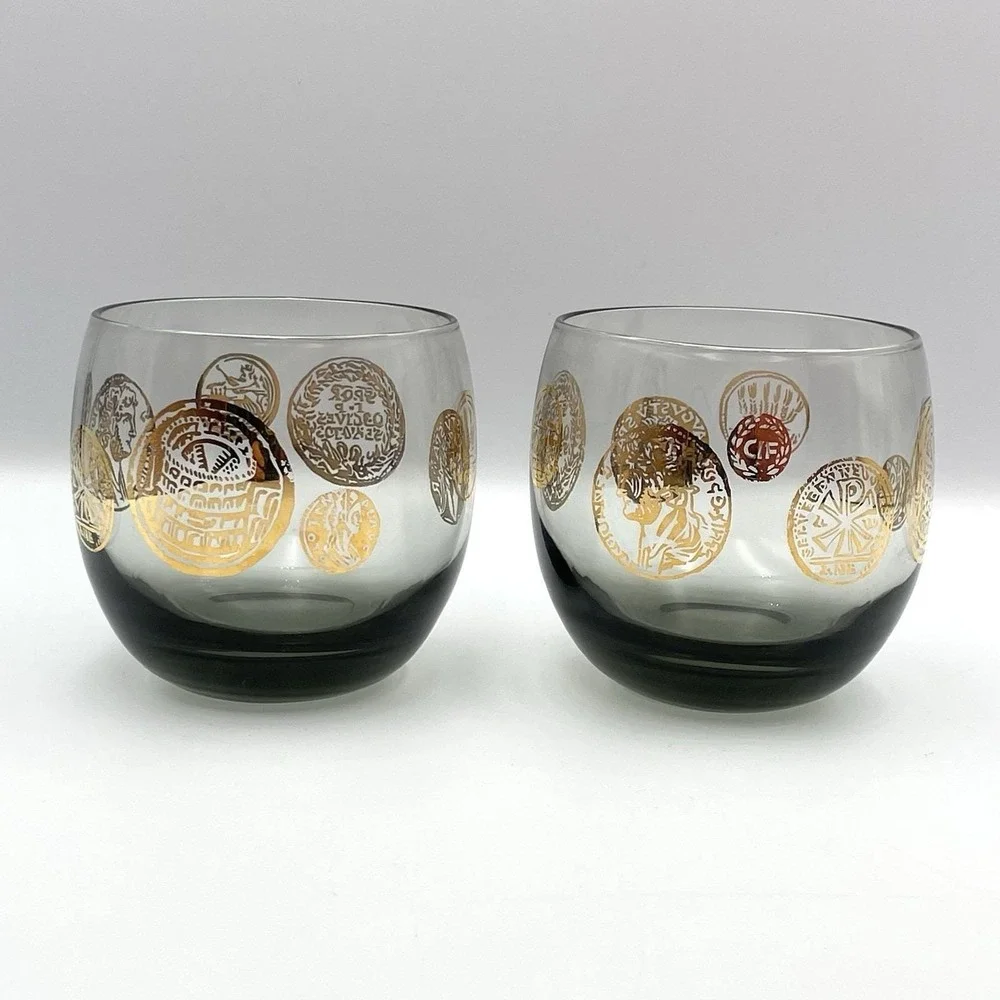 Vintage 1971 Federal Glass Roma Coins Roly Poly Tumblers‎ Set Of 2 Smoky Gray